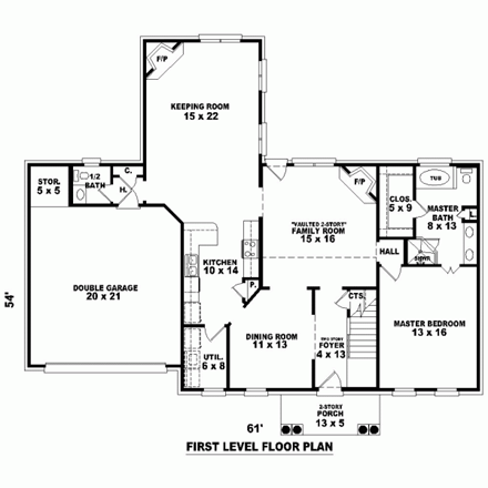 House Plan 46963 with 4 Beds, 4 Baths, 2 Car Garage First Level Plan