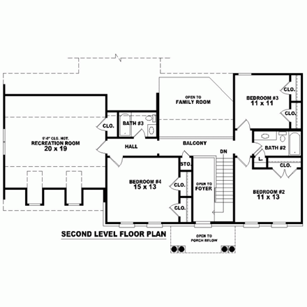 House Plan 46963 with 4 Beds, 4 Baths, 2 Car Garage Second Level Plan