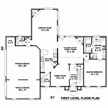 House Plan 46966 with 4 Beds, 4 Baths, 3 Car Garage First Level Plan
