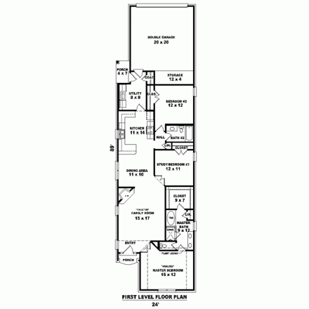 Narrow Lot, One-Story House Plan 46980 with 2 Beds, 2 Baths, 2 Car Garage First Level Plan