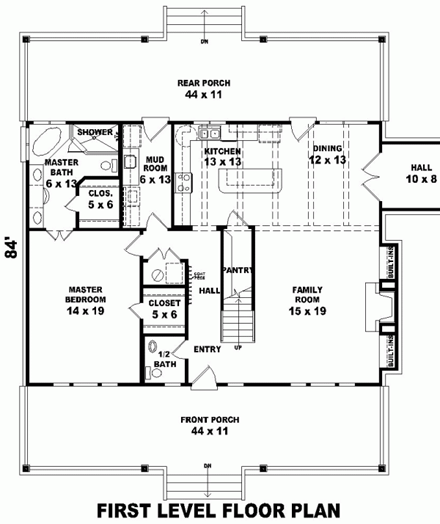 Country, Farmhouse House Plan 46982 with 3 Beds, 4 Baths, 5 Car Garage First Level Plan
