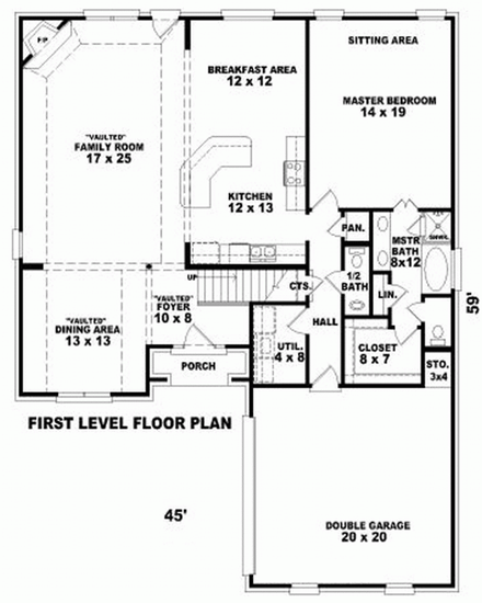 House Plan 46988 with 4 Beds, 4 Baths, 2 Car Garage First Level Plan