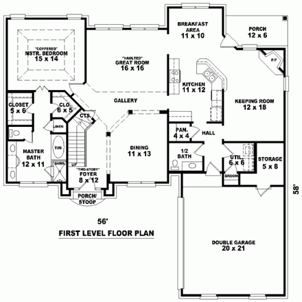 House Plan 46995 with 4 Beds, 4 Baths, 2 Car Garage First Level Plan