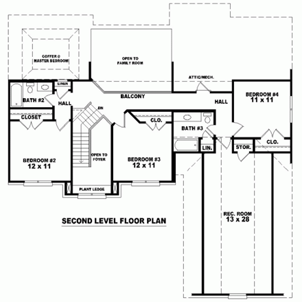 House Plan 46995 with 4 Beds, 4 Baths, 2 Car Garage Second Level Plan