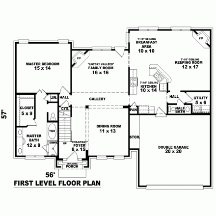 House Plan 46996 with 4 Beds, 3 Baths, 2 Car Garage First Level Plan