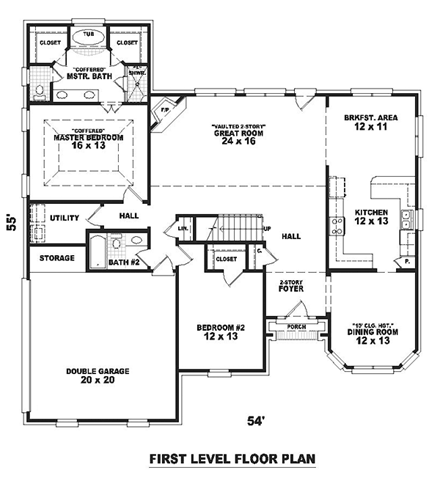 Traditional House Plan 47013 with 5 Beds, 4 Baths, 2 Car Garage First Level Plan