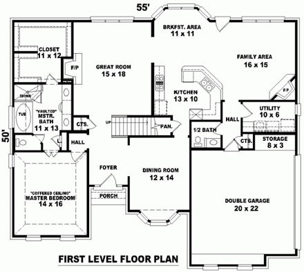 Tudor House Plan 47046 with 4 Beds, 4 Baths, 2 Car Garage First Level Plan