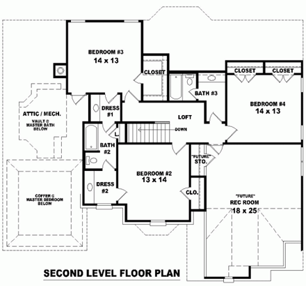 Tudor House Plan 47046 with 4 Beds, 4 Baths, 2 Car Garage Second Level Plan