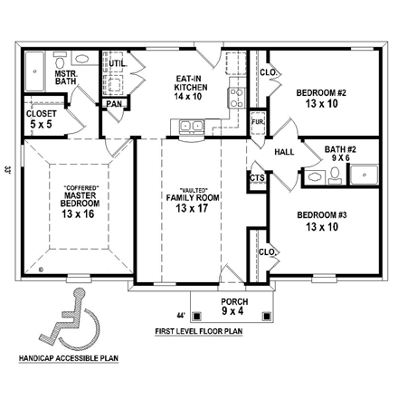 House Plan 47097 with 3 Beds, 2 Baths First Level Plan