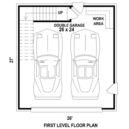 2 Car Garage Apartment Plan 47102 with 1 Beds, 1 Baths First Level Plan