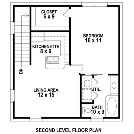 2 Car Garage Apartment Plan 47102 with 1 Beds, 1 Baths Second Level Plan