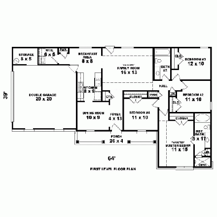 House Plan 47108 with 4 Beds, 2 Baths, 2 Car Garage First Level Plan