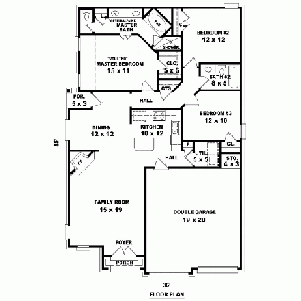 House Plan 47111 with 3 Beds, 2 Baths, 2 Car Garage First Level Plan