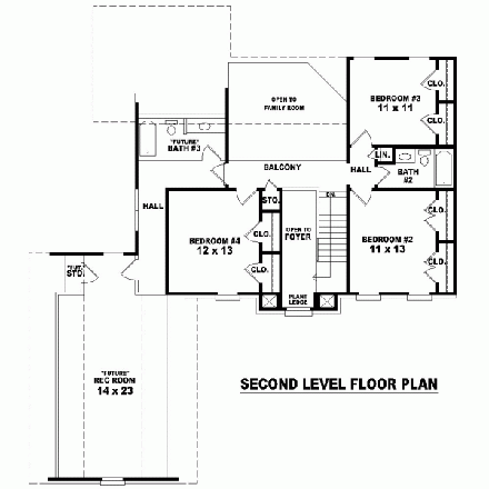 House Plan 47124 with 4 Beds, 4 Baths, 2 Car Garage Second Level Plan