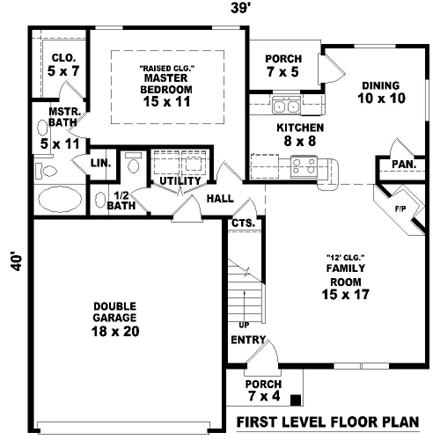Narrow Lot House Plan 47130 with 3 Beds, 3 Baths, 2 Car Garage First Level Plan