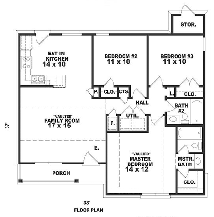 Farmhouse, Narrow Lot, One-Story, Traditional House Plan 47133 with 3 Beds, 2 Baths First Level Plan