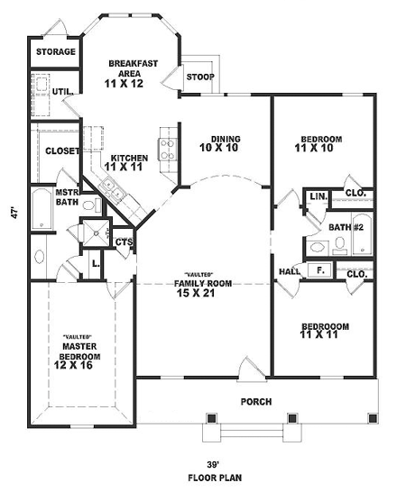 Narrow Lot, One-Story, Traditional House Plan 47142 with 3 Beds, 2 Baths First Level Plan