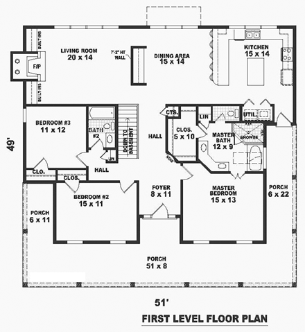 Country, One-Story House Plan 47146 with 3 Beds, 2 Baths First Level Plan