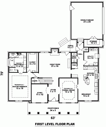 Colonial, Country, Traditional House Plan 47150 with 4 Beds, 4 Baths, 2 Car Garage First Level Plan