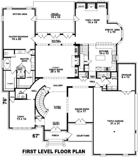 European, Traditional House Plan 47163 with 4 Beds, 5 Baths, 3 Car Garage First Level Plan