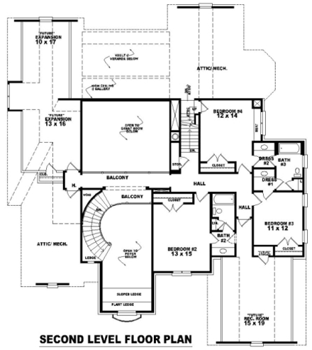 European, Traditional House Plan 47163 with 4 Beds, 5 Baths, 3 Car Garage Second Level Plan