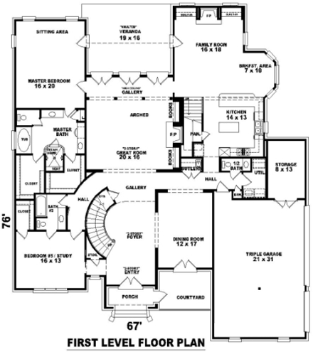 European, Traditional House Plan 47165 with 4 Beds, 5 Baths, 3 Car Garage First Level Plan