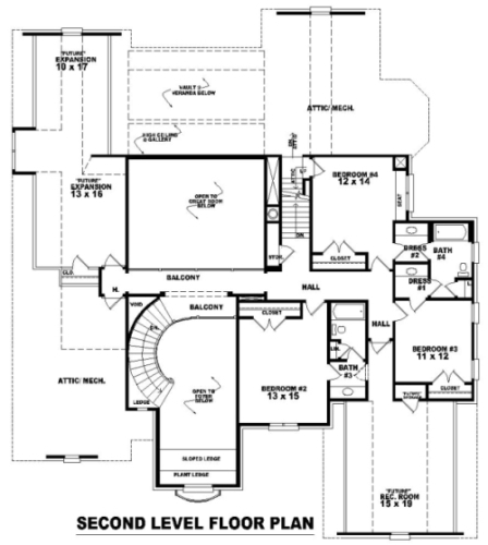 European, Traditional House Plan 47165 with 4 Beds, 5 Baths, 3 Car Garage Second Level Plan