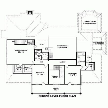 Plantation House Plan 47168 with 4 Beds, 5 Baths, 3 Car Garage Second Level Plan