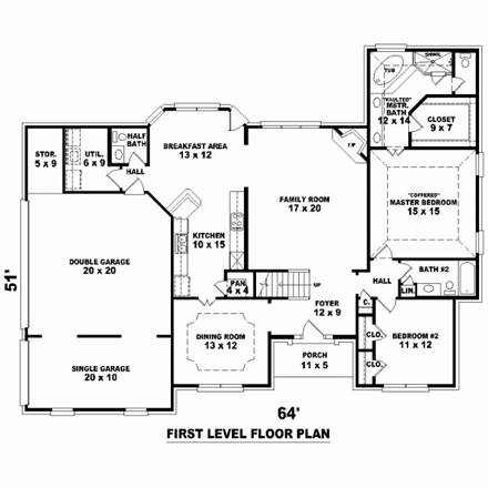 House Plan 47197 with 5 Beds, 4 Baths, 3 Car Garage First Level Plan