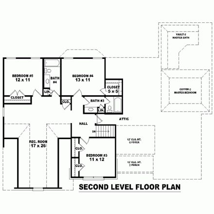 House Plan 47197 with 5 Beds, 4 Baths, 3 Car Garage Second Level Plan