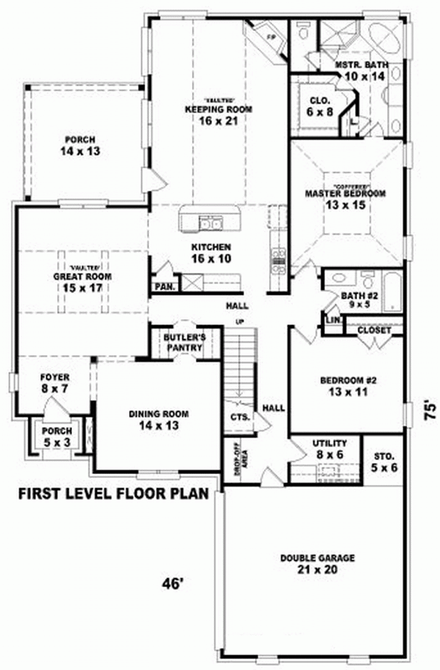 House Plan 47230 with 4 Beds, 3 Baths, 2 Car Garage First Level Plan