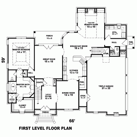 House Plan 47242 with 4 Beds, 4 Baths, 3 Car Garage First Level Plan