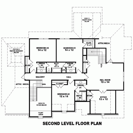 House Plan 47242 with 4 Beds, 4 Baths, 3 Car Garage Second Level Plan