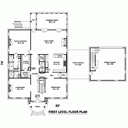 House Plan 47254 with 4 Beds, 4 Baths, 2 Car Garage First Level Plan
