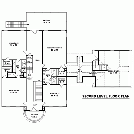 House Plan 47254 with 4 Beds, 4 Baths, 2 Car Garage Second Level Plan