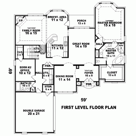 House Plan 47256 with 3 Beds, 4 Baths, 2 Car Garage First Level Plan