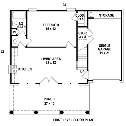 Cottage House Plan 47266 with 1 Beds, 1 Baths, 1 Car Garage First Level Plan