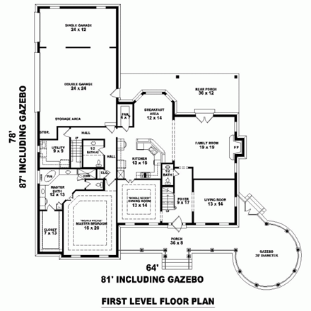 Plantation House Plan 47284 with 4 Beds, 4 Baths, 3 Car Garage First Level Plan