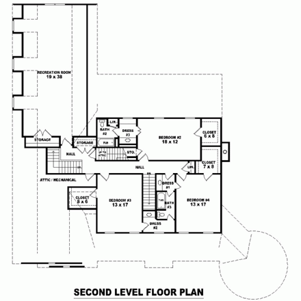 Plantation House Plan 47284 with 4 Beds, 4 Baths, 3 Car Garage Second Level Plan