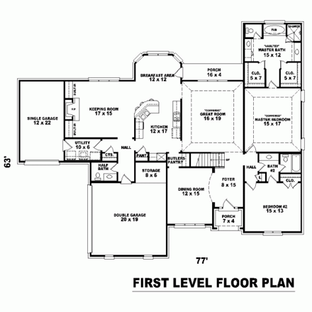 House Plan 47289 with 4 Beds, 4 Baths, 3 Car Garage First Level Plan