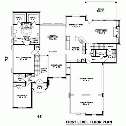 House Plan 47294 with 5 Beds, 4 Baths, 3 Car Garage First Level Plan