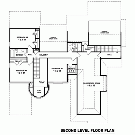House Plan 47294 with 5 Beds, 4 Baths, 3 Car Garage Second Level Plan