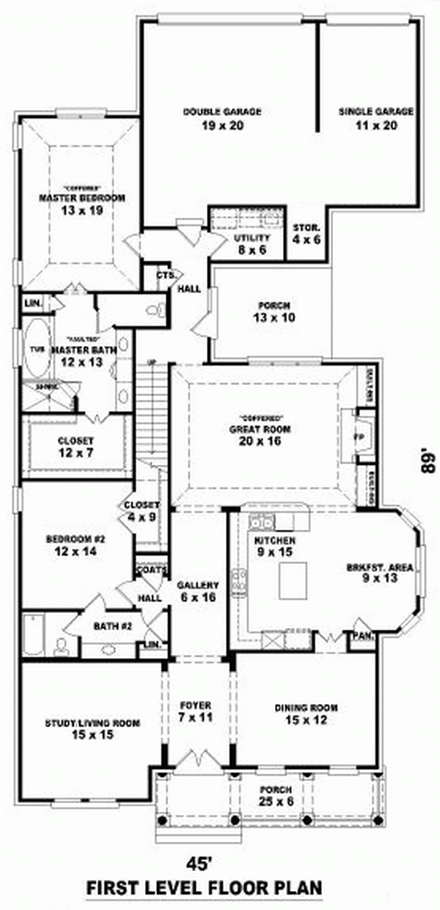 House Plan 47298 with 4 Beds, 3 Baths, 3 Car Garage First Level Plan