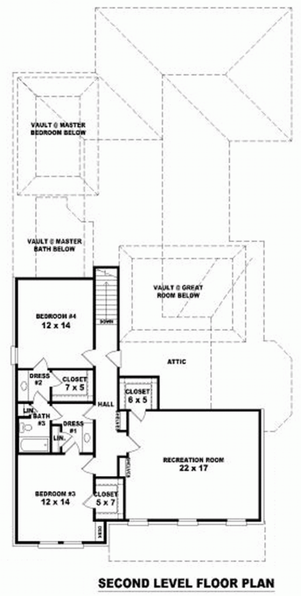 House Plan 47298 with 4 Beds, 3 Baths, 3 Car Garage Second Level Plan