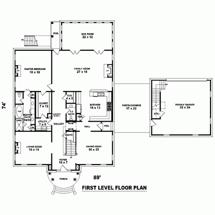 House Plan 47301 with 4 Beds, 4 Baths, 2 Car Garage First Level Plan