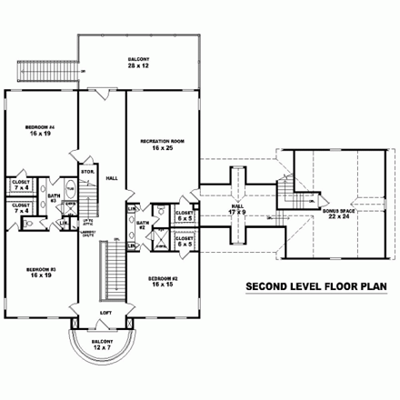 House Plan 47301 with 4 Beds, 4 Baths, 2 Car Garage Second Level Plan