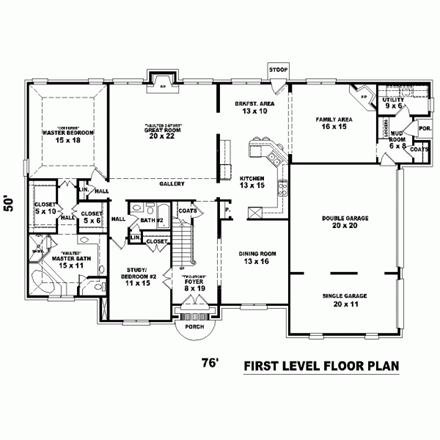 House Plan 47302 with 3 Beds, 4 Baths, 3 Car Garage First Level Plan