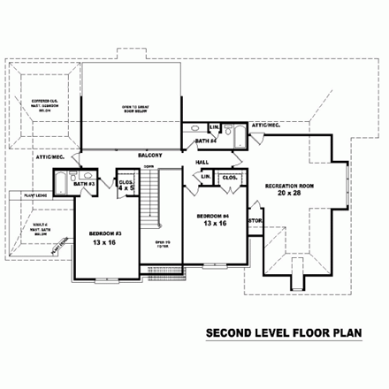 House Plan 47302 with 3 Beds, 4 Baths, 3 Car Garage Second Level Plan