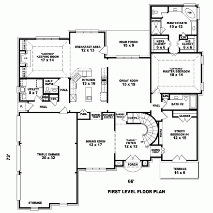 House Plan 47308 with 3 Beds, 4 Baths, 3 Car Garage First Level Plan