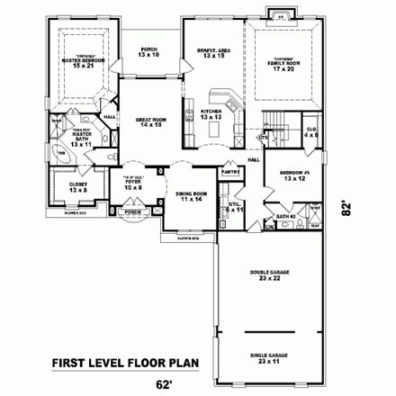 House Plan 47309 with 4 Beds, 4 Baths, 3 Car Garage First Level Plan